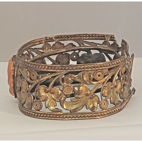 Antique Victorian Coral Cameo Bracelet Bangle Filigree Gold Tone Orange Stone - Picture 4 of 8